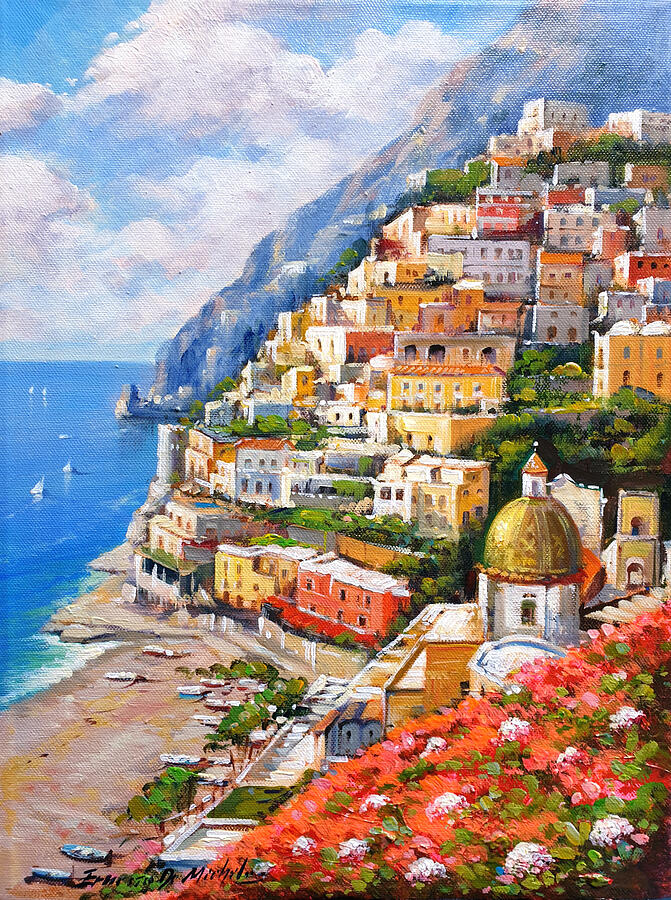 Positano painting flowery coast Painting by Ernesto De Michele | Fine ...