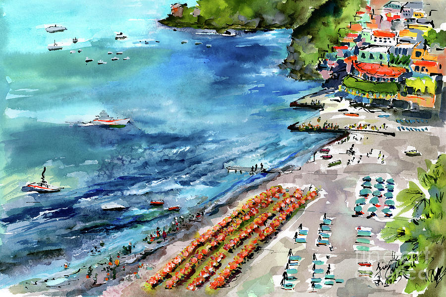 Positano Summer Beach Italy Watercolors and Ink Painting by Ginette Callaway