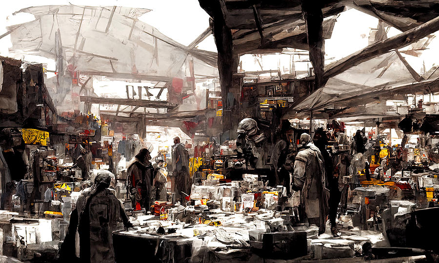 Post-Apocalyptic street market, 02 Painting by AM FineArtPrints