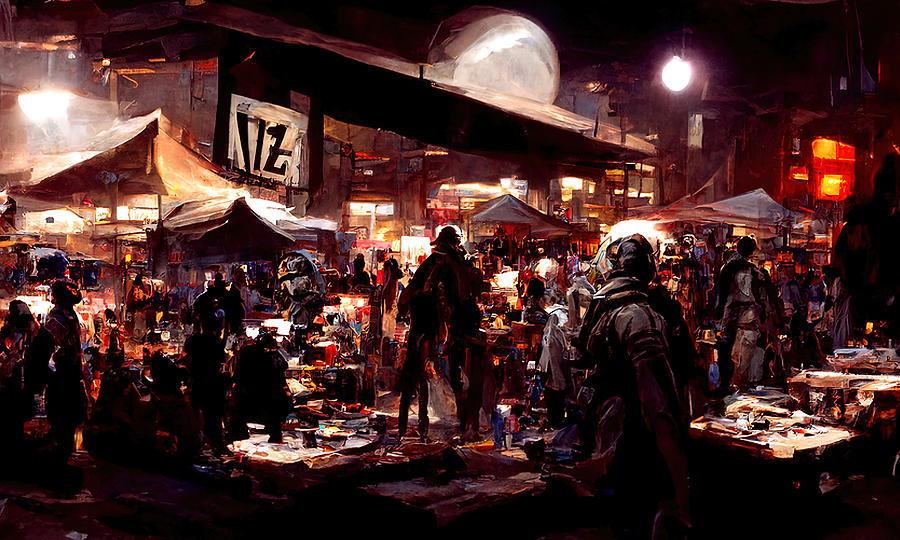 Post-Apocalyptic street market, 04 Painting by AM FineArtPrints