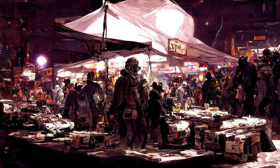 Post-Apocalyptic street market, 05 Painting by AM FineArtPrints