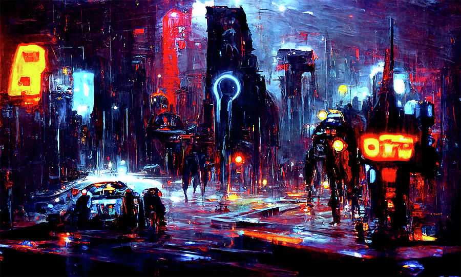 Postcards from the Future - Cyberpunk Street, 01 Painting by AM FineArtPrints