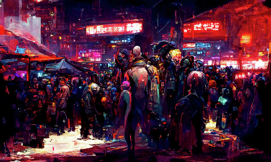 Postcards from the Future - Cyberpunk Street Market, 01 Painting by AM FineArtPrints