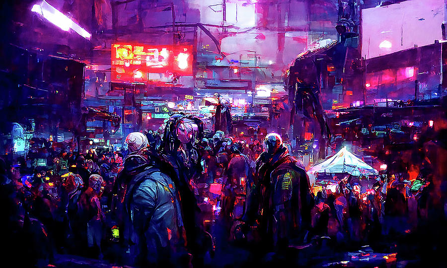 Postcards from the Future - Cyberpunk Street Market, 02 Painting by AM FineArtPrints