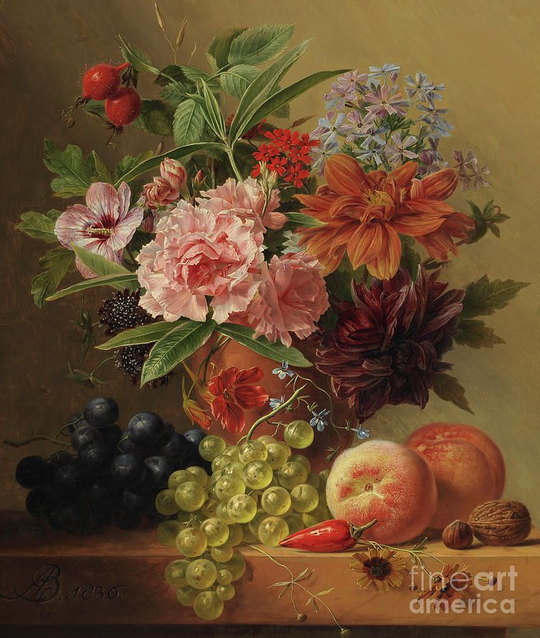 Pot of flowers and fruit, 19th century Painting by Arnoldus Bloemers