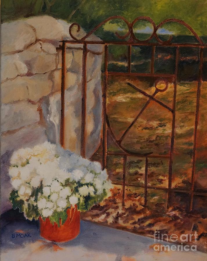Pot of Mums Before the Gate Painting by Barbara Moak