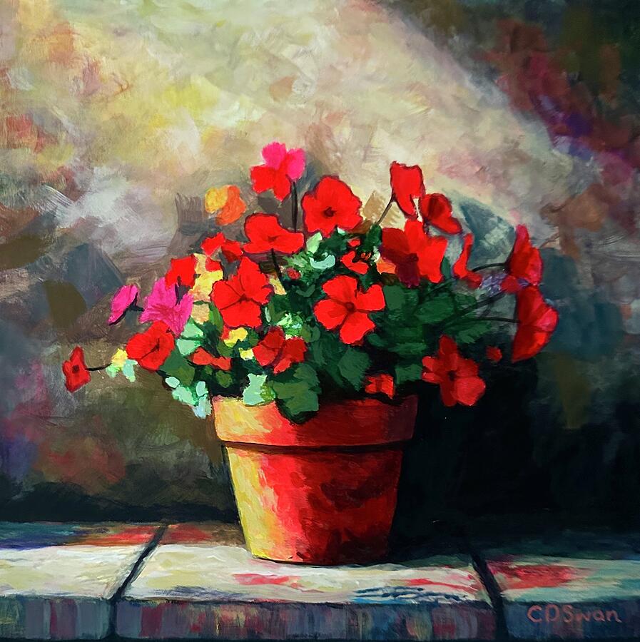 Pot of Red Flowers Painting by Caroline Swan Pot of Red Flowers Painting by Caroline Swan