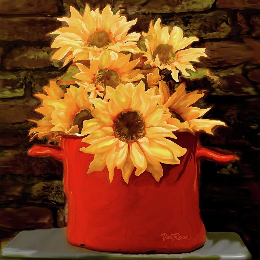 Pot of Sunflowers Painting by ValRose
