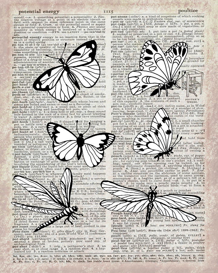 Potential Energy Butterfly And Dragonfly Effect Dictionary Page Art II Painting by Irina Sztukowski