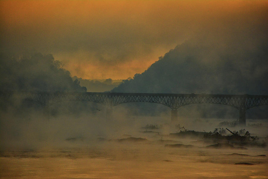 Potomac River on a Misty Sunrise Morning with Bridge Glow 3 Photograph by Raymond Salani III