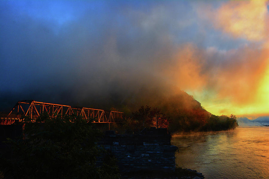 Potomac River on a Misty Sunrise Morning with Bridge Glow Photograph by Raymond Salani III