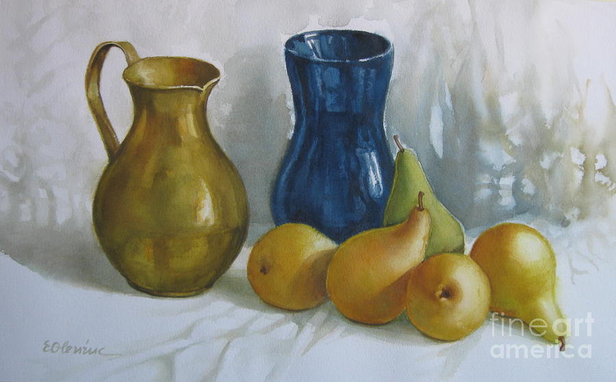 Pots and pears Painting by Elena Oleniuc