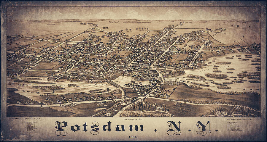 Potsdam New York Vintage Map Birds Eye View 1885 Sepia Photograph by 