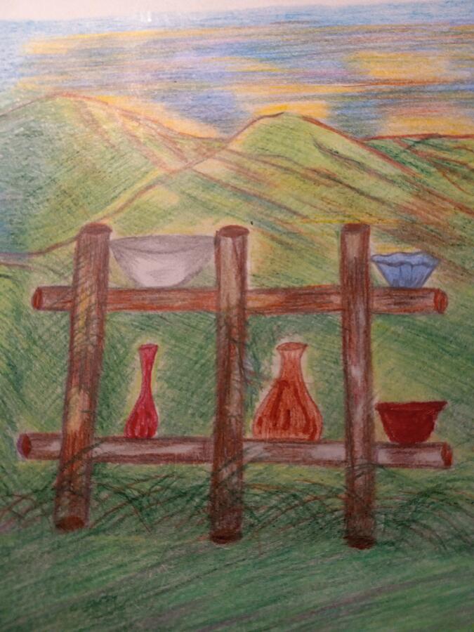 Pottery In The Meadow Drawing by Tina Marie Gill