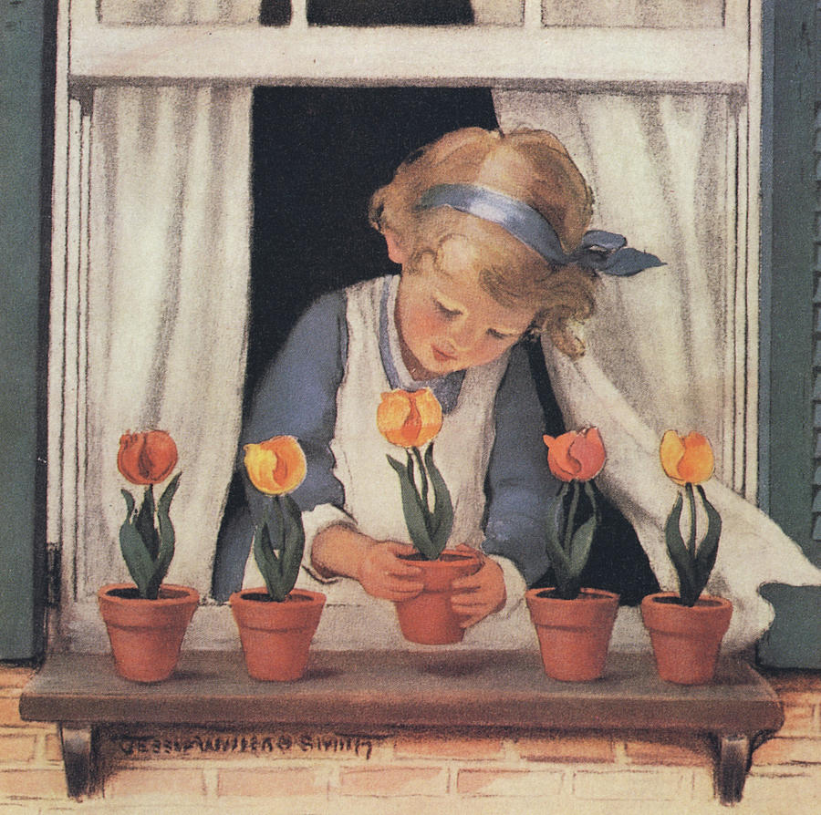 Potting Tulips from Good Housekeeping 1920s Drawing by Jessie Willcox Smith