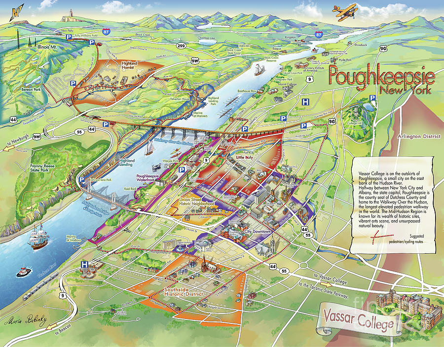 Poughkeepsie and Vassar College Illustrated Map Digital Art by Maria Rabinky