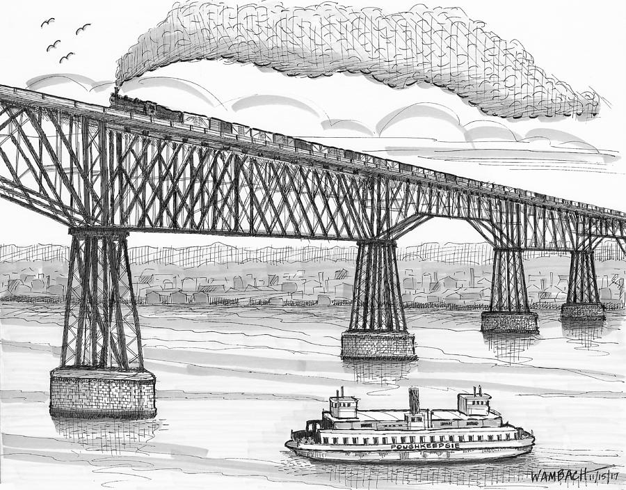 Poughkeepsie Railroad Bridge and Steam Ferry circa 1890 Drawing by Richard Wambach