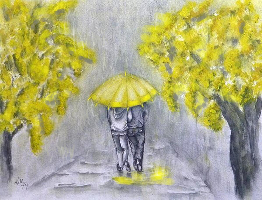 Pouring Rain in Yellow Painting by Kelly Mills
