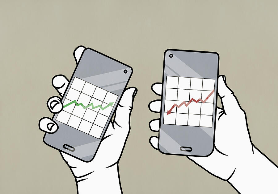 POV Hands holding conflicting investment data charts on smart phone screens Drawing by Malte Mueller