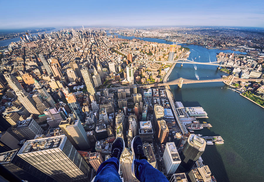 Pov of human leg with Manhattan skyline from helicopter Photograph by Eloi_Omella