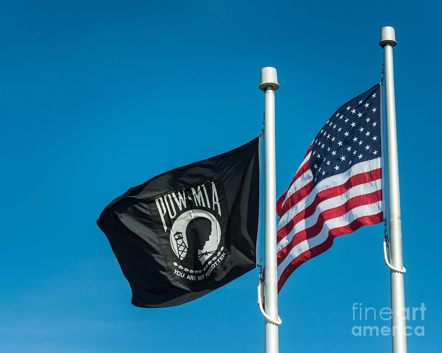 POW-MIA and American Flags with Blue Sky - Indiana Photograph by Gary Whitton