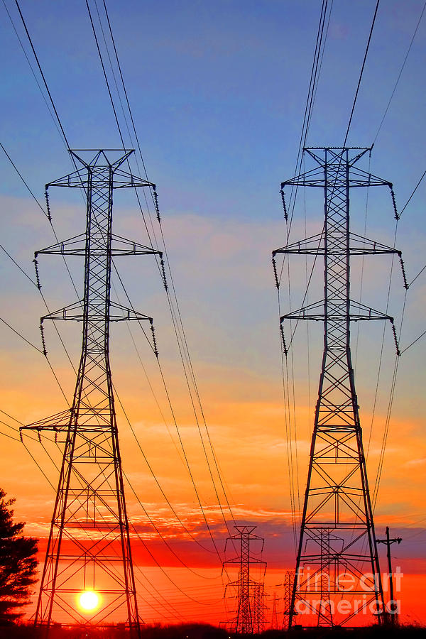 Power Line Towers at Sunset Photograph by Olivier Le Queinec