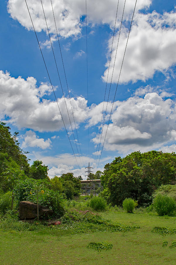 Power transmission lines crossing the green park under clouds and blue sky. Photograph by CRMacedonio