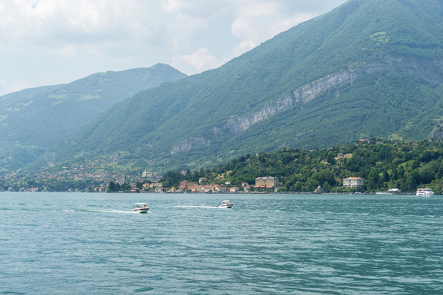 Powerboating Across Lake Como - A Little Two Boat Race at Tremezzo Village Photograph by Georgia Mizuleva