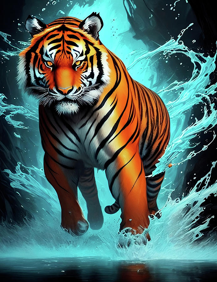 Powerful Tiger Walking Over Water Digital Art by Guillermo Guzman - Pixels