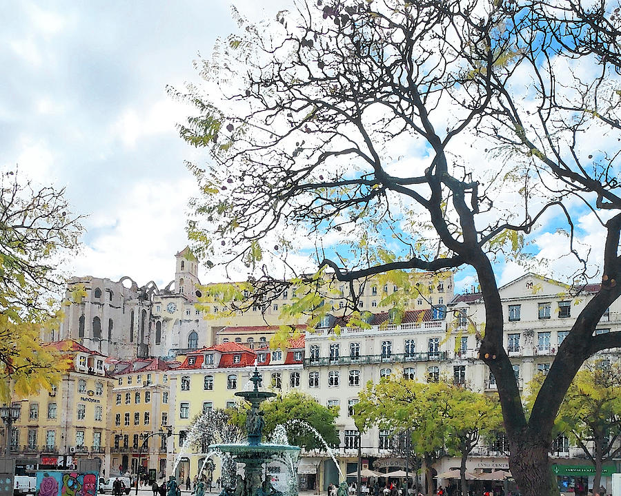 Praca Dom Pedro Square With Fountain Lisbon Portugal  Digital Art by Irina Sztukowski