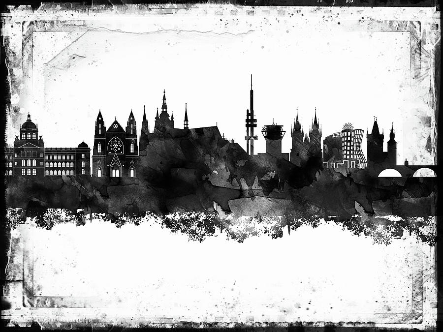 Prague Black White framed Skyline Digital Art by Chara Vasileiou