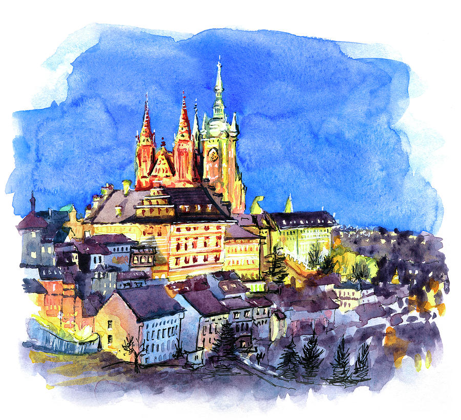 Prague Castle At Night Painting by Miki De Goodaboom