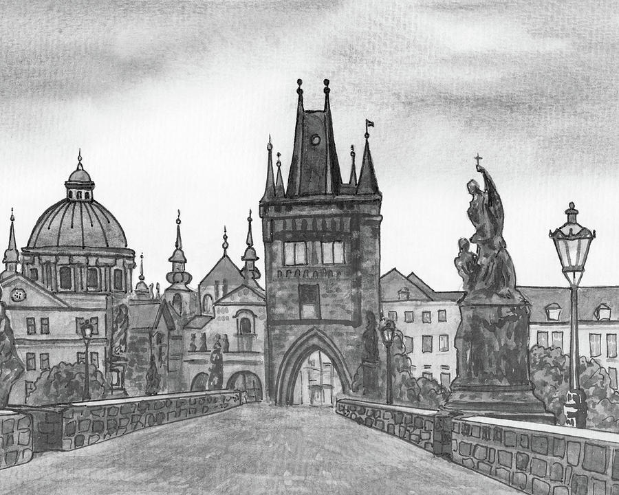 Prague Charles Bridge Czech Republic Vintage Gray Watercolor Painting