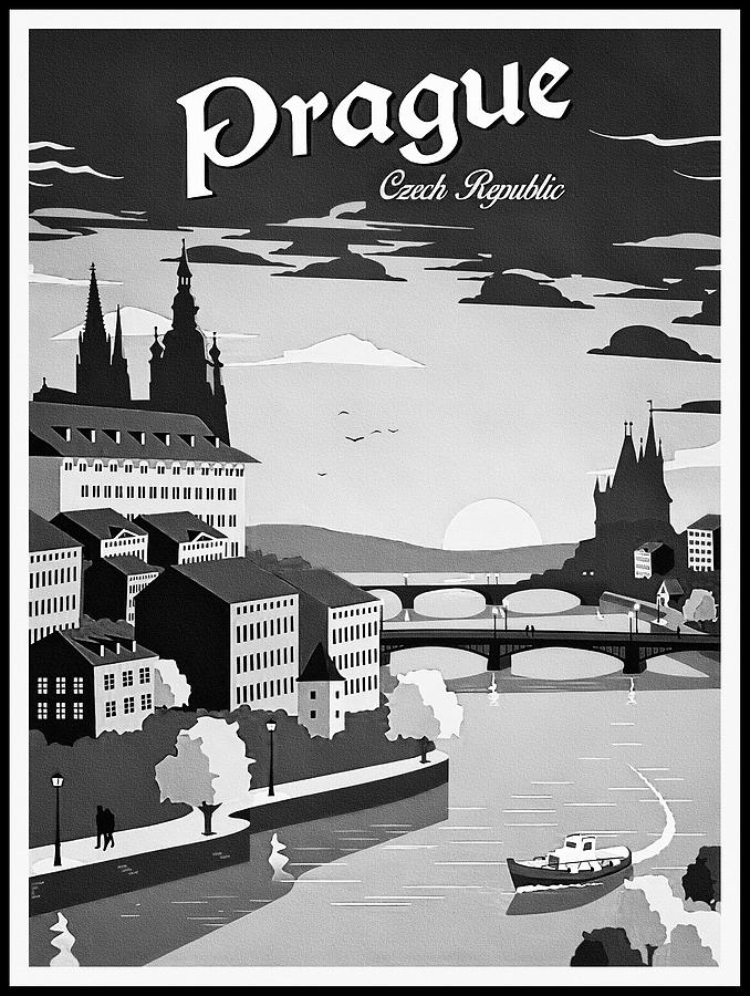 Architecture Photograph - Prague Czech Republic Retro Vintage Travel Poster Black and White by Carol Japp