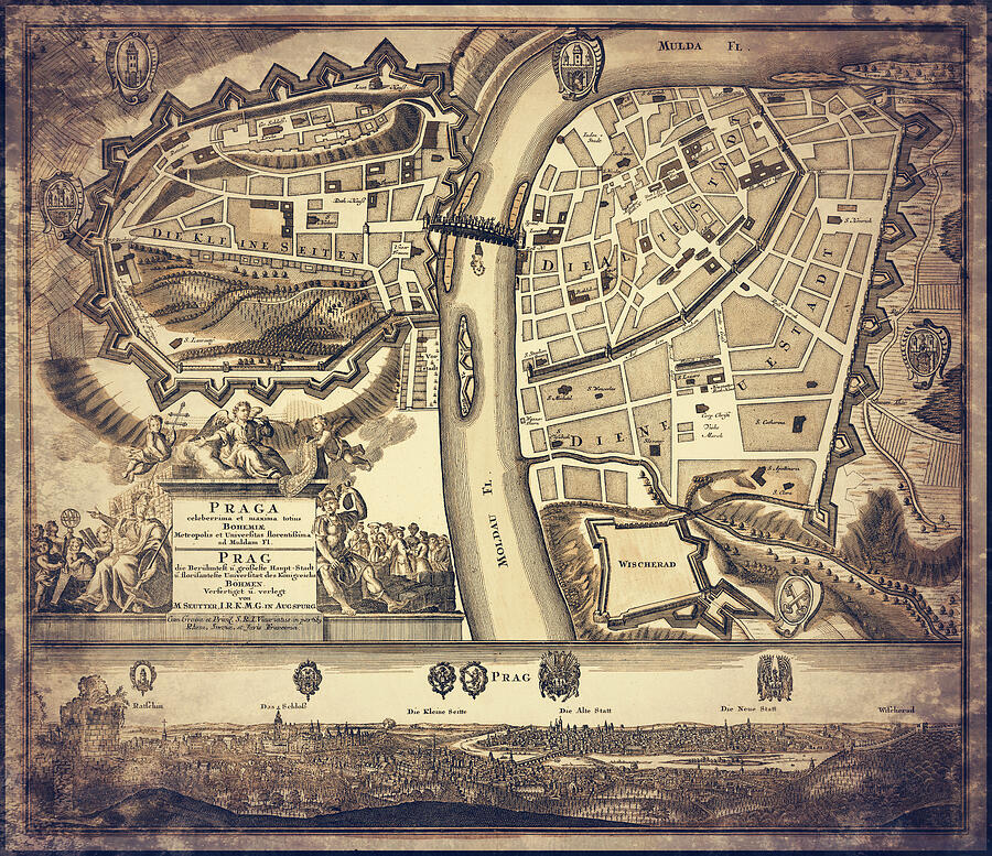Vintage Photograph - Prague Czech Republic Vintage Historical Map 1730 Sepia  by Carol Japp