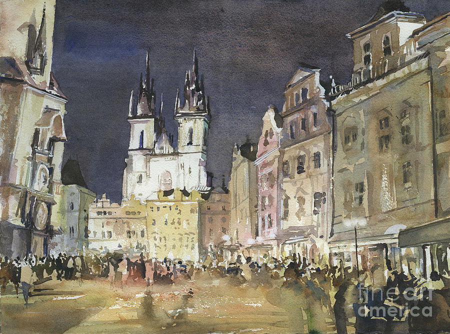 Prague Downtown at Night Painting by Ryan Fox