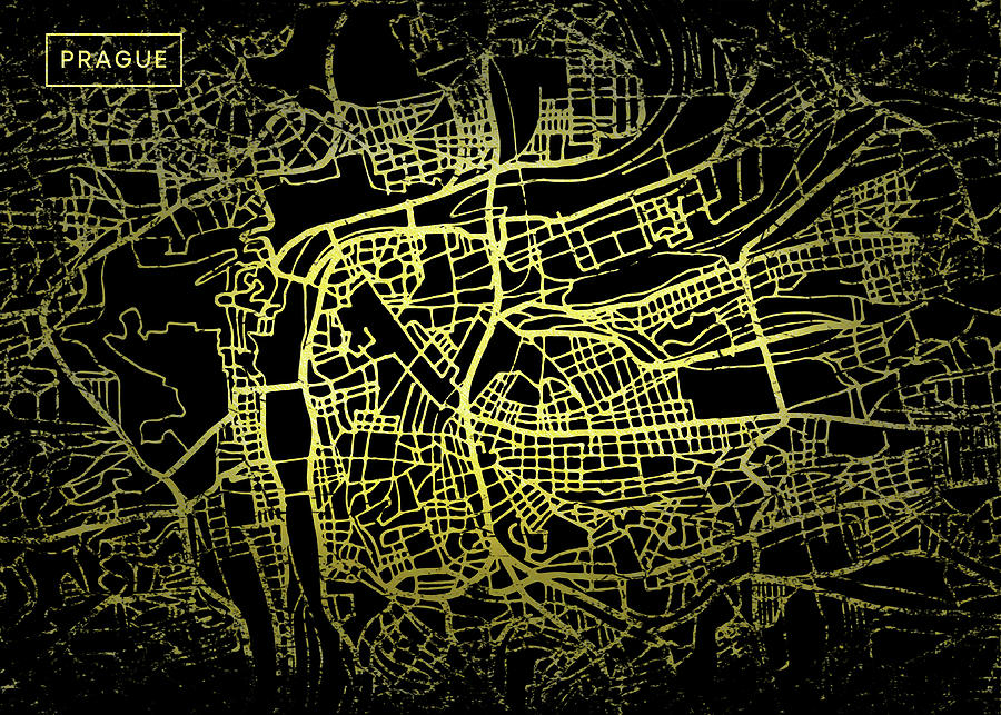 Prague Map in Gold and Black Digital Art by Sambel Pedes