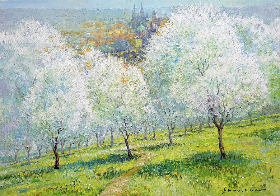 Prague Painting - Prague Petrin Garden Cherry Blossoms by Yuriy Shevchuk