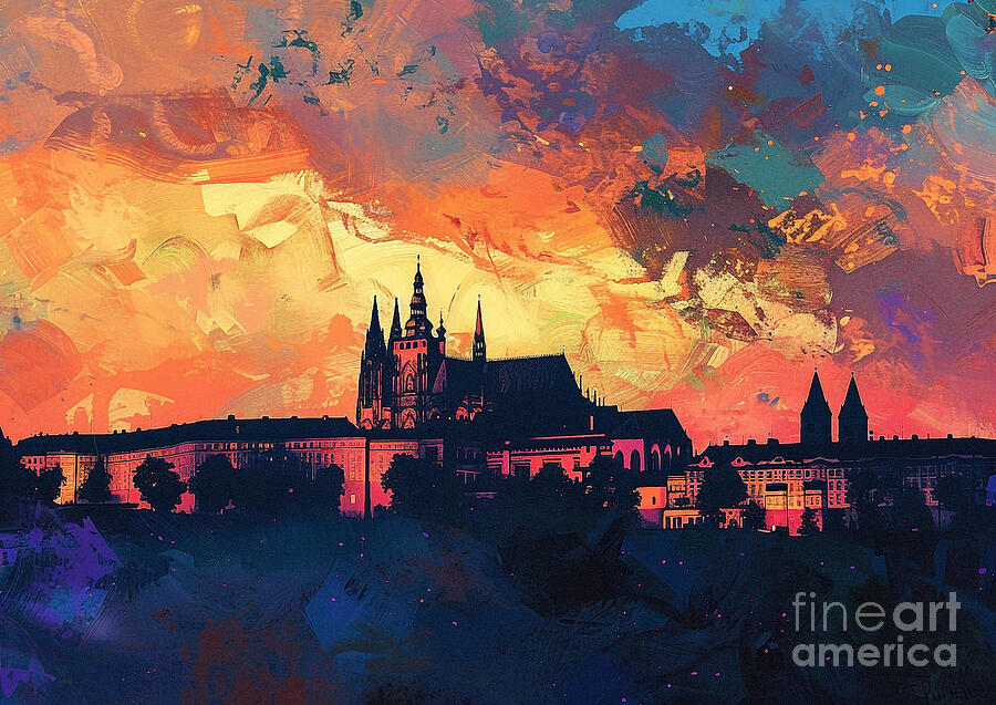 Pragues Prague Castle With Its Imposing Silhouette Barely Visible In The Darkness Night Light Painting
