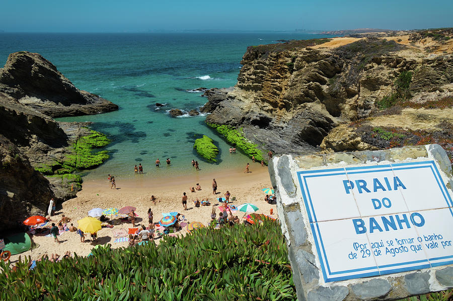 Praia do Banho and sign in Porto Covo. Alentejo, Portugal Photograph by Angelo DeVal