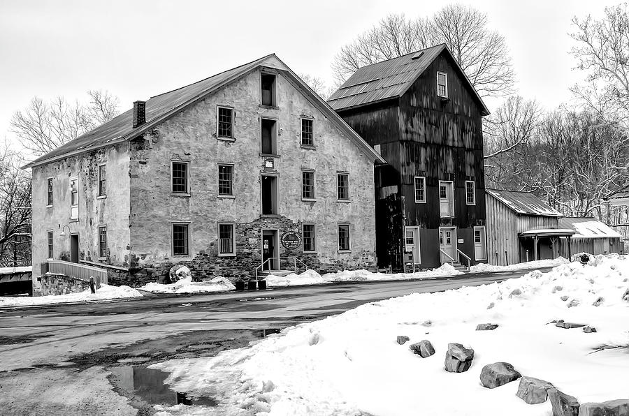 Prallsville Mills at Stocton in Winter in Black and White Photograph by Bill Cannon