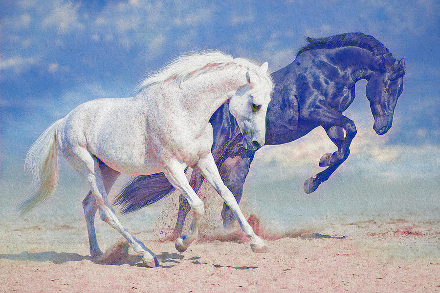 Prancing Horses - blue Digital Art by Steve Ladner