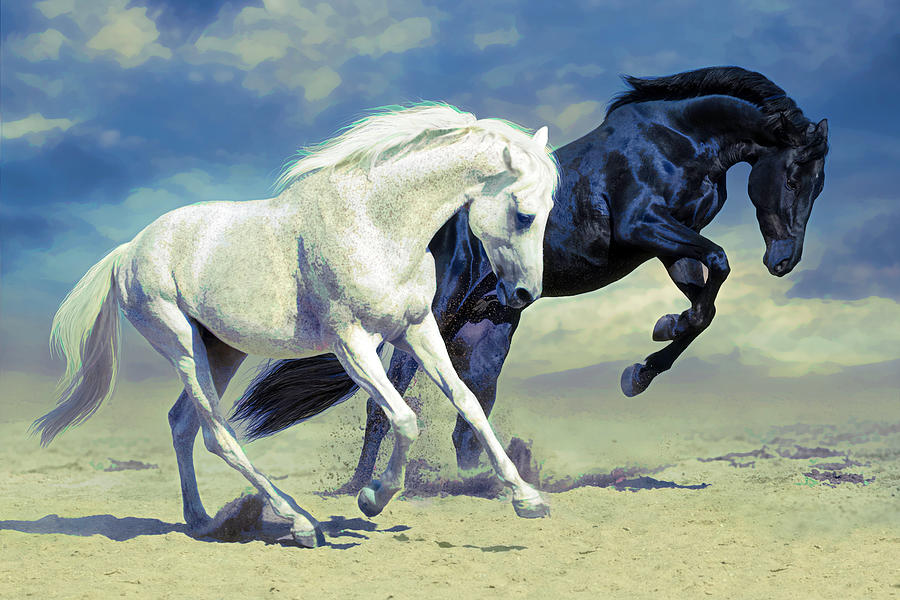 Prancing Horses - dark blue Digital Art by Steve Ladner