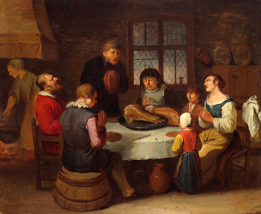 Prayer before the meal Painting by Egbert van Heemskerck the Elder