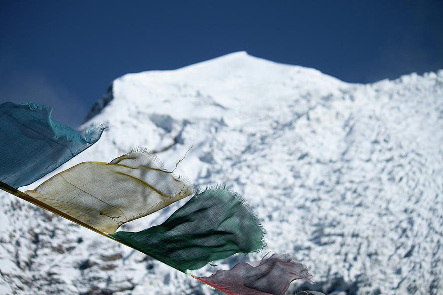 Prayer flags below a glaciated mountain face 02 Photograph by Murray Rudd