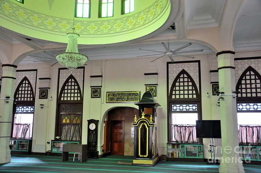 Prayer hall with circular dome minbar and minaret of Hajjah Fatima Mosque Singapore Photograph by Imran Ahmed