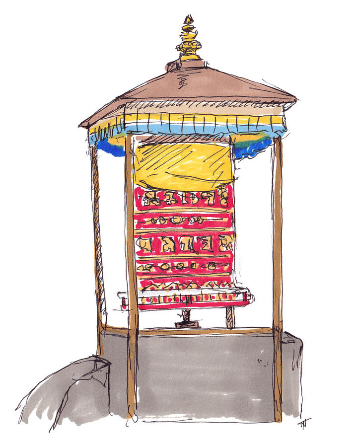 Prayer Wheel - Nepal Drawing by Tom Napper