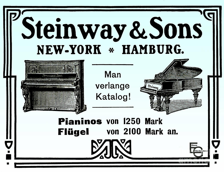 Pre-war Advertisement For Steinway Grand Pianos Hamburg New York On A Blue Background Mixed Media by Elena Gantchikova