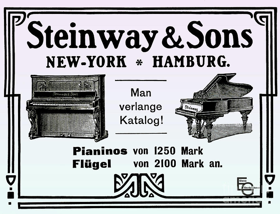 Pre-war Advertisement For Steinway Grand Pianos Hamburg New York On A Lilac Background Mixed Media by Elena Gantchikova