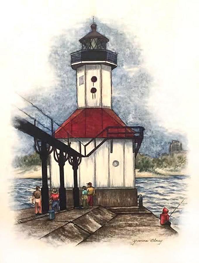Pre2020#11 St Joseph Lighthouse With Figures Drawing by Yvonne Blasy